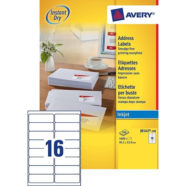 Avery adresetiketten J8162-100 | 1600 stuks | 99,1 x 33,9 mm J8162-100 212296 - 1