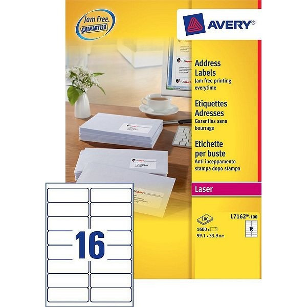 Avery adresetiketten L7162-100 | 1600 stuks | 99,1 x 33,9 mm | Quickpeel technologie L7162-100 212108 - 1