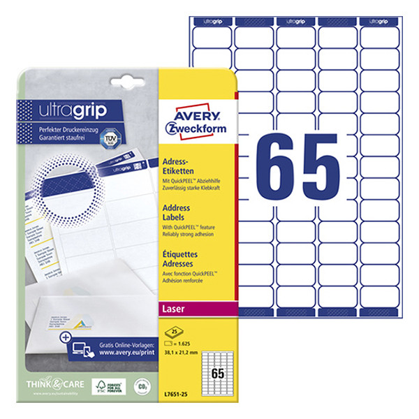 Avery adresetiketten L7651-25 | 1625 stuks | 38,1 x 21,2 mm | Quickpeel  technologie