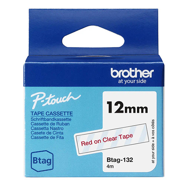 Brother Btag-132 niet-gelamineerde tape rood op transparant 12 mm (origineel BTAG132 080344 - 1