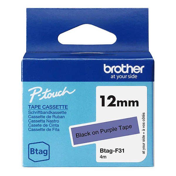 Brother Btag-F31 niet-gelamineerde tape zwart op paars 12 mm (origineel BTAGF31 080360 - 1