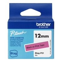 Brother Btag-P31 niet-gelamineerde tape zwart op roze 12 mm (origineel BTAGP31 080370