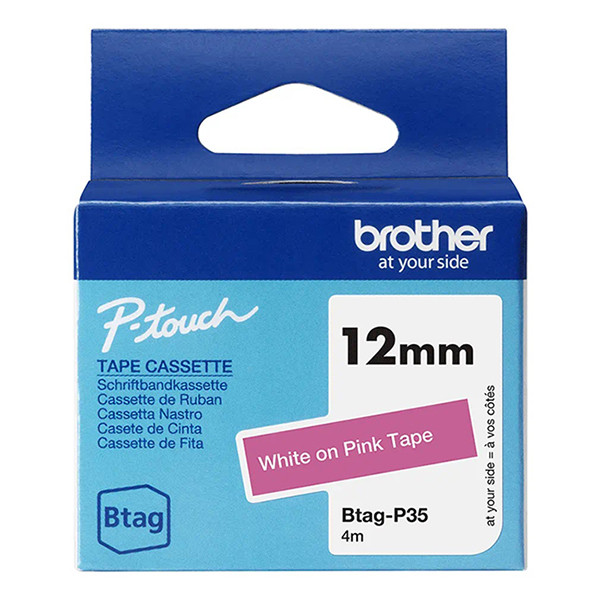 Brother Btag-P35 niet-gelamineerde tape wit op roze 12 mm (origineel BTAGP35 080372 - 1