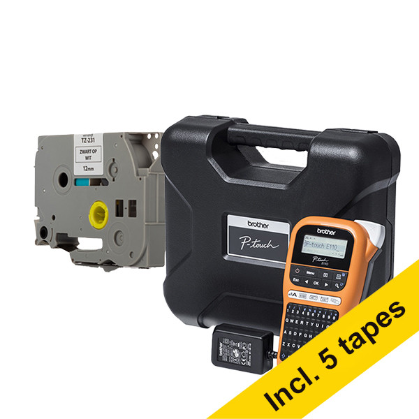 Brother PT-E110VP industrieel beletteringsysteem met draagkoffer (QWERTY) + 5 zwart op wit tapes 833463 - 1