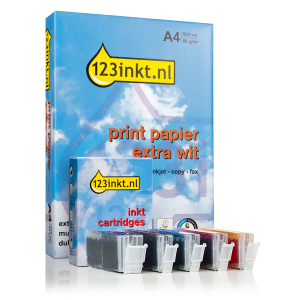 Canon PGI-580PGBK / CLI-581 aanbieding: 2 zwart + 3 kleuren (123inkt huismerk) + pak papier 130732 - 1