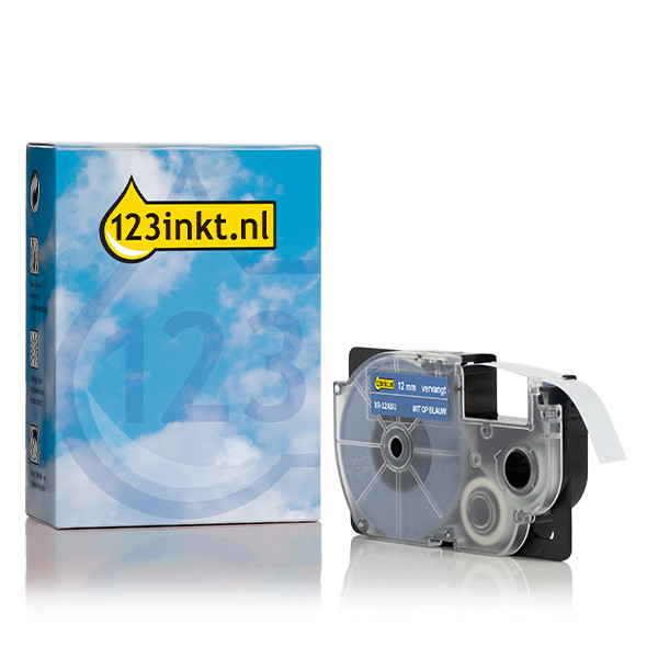 Casio XR-12ABU tape wit op blauw 12 mm (123inkt huismerk)  056358 - 1