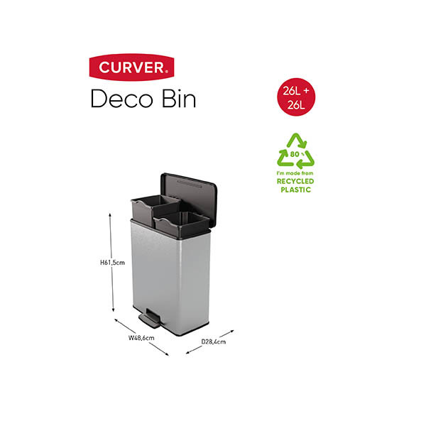 Curver Decobin duo prullenbak rechthoekig (26+26 liter, zilver metallic) 243887 - 2