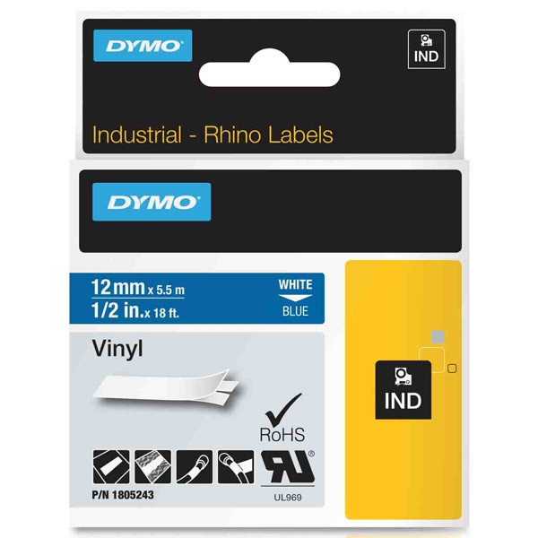Dymo 1805243 IND Rhino tape vinyl wit op blauw 12 mm (origineel) 1805243 088646 - 1