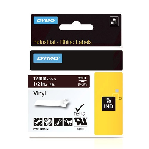 Dymo 1805412 IND Rhino tape vinyl wit op bruin 12 mm (origineel) 1805412 088658 - 1