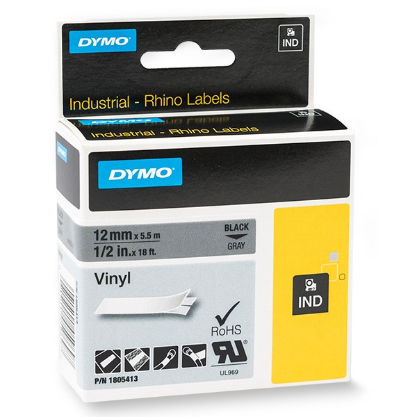 Dymo 1805413 IND Rhino tape vinyl zwart op grijs 12 mm (origineel) 1805413 088620 - 1