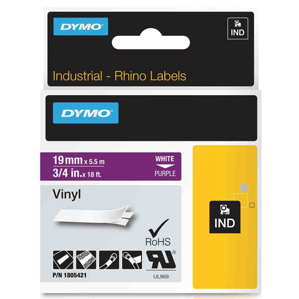 Dymo 1805421 IND Rhino tape vinyl wit op paars 19 mm (origineel) 1805421 088654 - 1