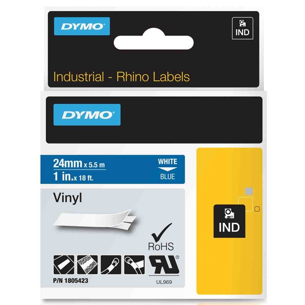 Dymo 1805423 IND Rhino tape vinyl wit op blauw 24 mm (origineel) 1805423 088650 - 1
