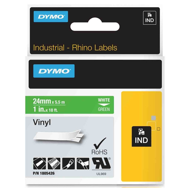 Dymo 1805426 IND Rhino tape vinyl wit op groen 24 mm (origineel) 1805426 088644 - 1