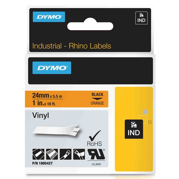 Dymo 1805427 IND Rhino tape vinyl zwart op oranje 24 mm (origineel) 1805427 088618 - 1