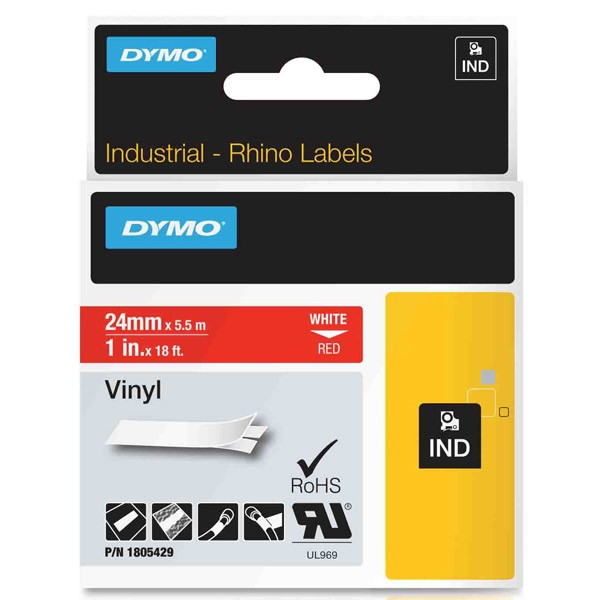Dymo 1805429 IND Rhino tape vinyl wit op rood 24 mm (origineel) 1805429 088630 - 1