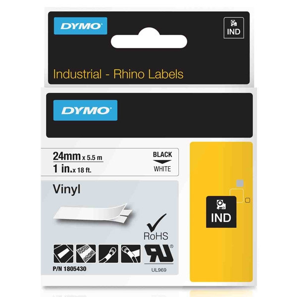 Dymo 1805430 IND Rhino tape vinyl zwart op wit 24 mm (origineel) 1805430 088606 - 1