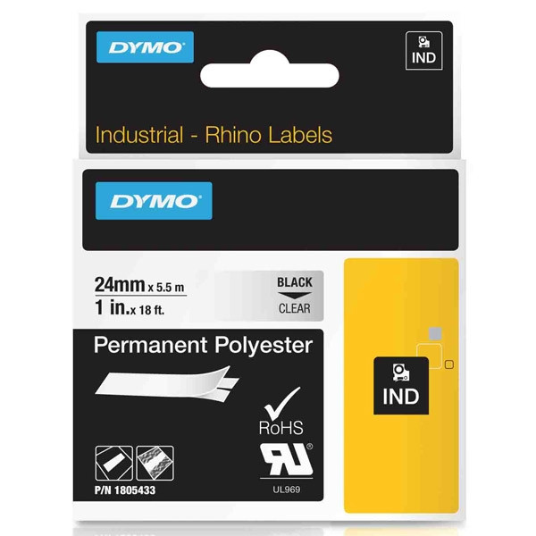 Dymo 1805433 IND Rhino tape permanent polyester zwart op transparant 24 mm (origineel) 1805433 088682 - 1