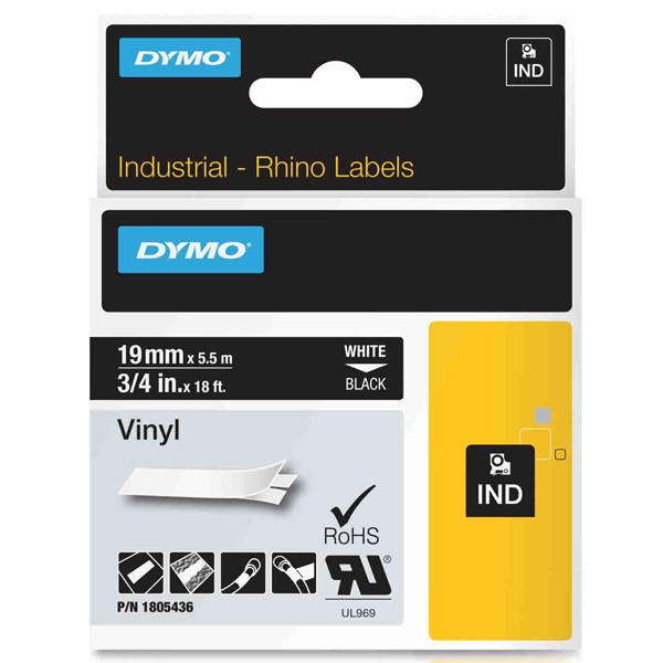 Dymo 1805436 IND Rhino tape vinyl wit op zwart 19 mm (origineel) 1805436 088636 - 1