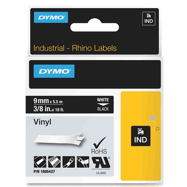 Dymo 1805437 IND Rhino tape vinyl wit op zwart 9 mm (origineel) 1805437 088632 - 1