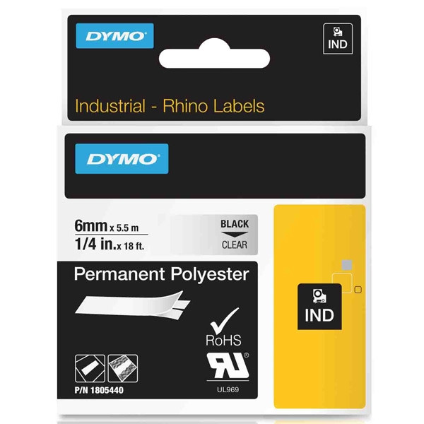 Dymo 1805440 IND Rhino tape permanent polyester zwart op transparant 6 mm (origineel) 1805440 088674 - 1