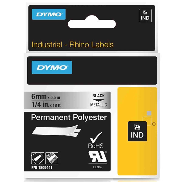 Dymo 1805441 IND Rhino tape permanent polyester zwart op metallic 6 mm (origineel) 1805441 088684 - 1