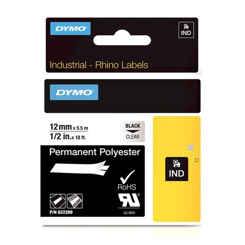 Dymo 622289 IND Rhino tape permanent polyester zwart op transparant 12 mm (origineel) 622289 088678 - 1