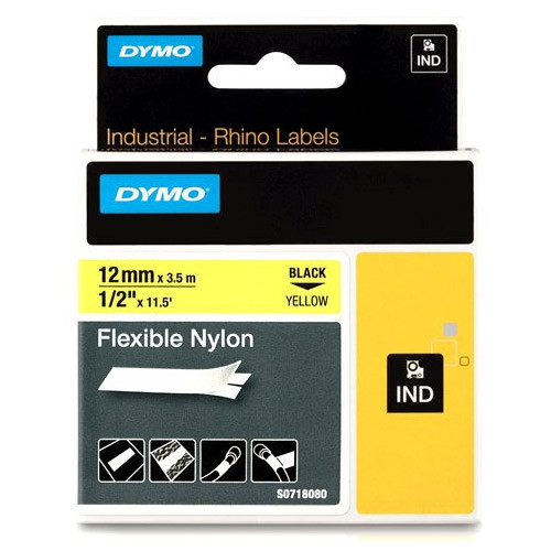 Dymo S0718080 / 18490 IND Rhino tape flexibel nylon zwart op geel 12 mm (origineel) 18490 S0718080 088720 - 1