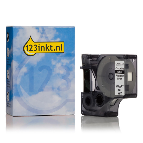 Dymo S0718100 / 18488 IND Rhino tape flexibel nylon zwart op wit 12 mm (123inkt huismerk) 18488C 088715 - 1