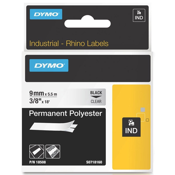 Dymo S0718160 / 18508DMO IND Rhino tape permanent polyester zwart op transparant 9 mm (origineel) 18508DMO S0718160 088676 - 1