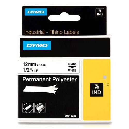 Dymo S0718210 / 18483 IND Rhino tape permanent polyester zwart op wit 12 mm (origineel) 18483 S0718210 088668 - 1