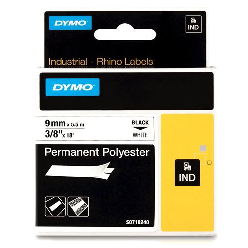 Dymo S0718240 / 18482 IND Rhino tape permanent polyester zwart op wit 9 mm (origineel) 18482 S0718240 088666 - 1