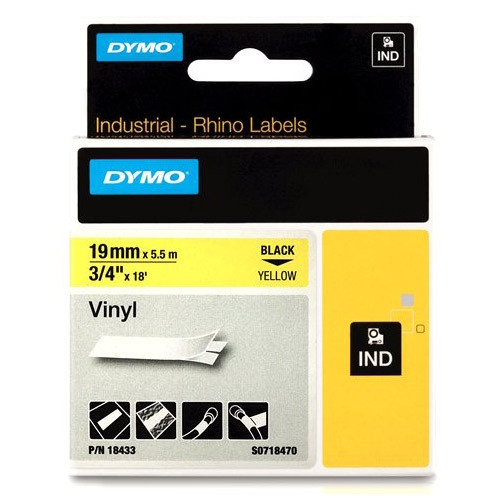 Dymo S0718470 / 18433 IND Rhino tape vinyl zwart op geel 19 mm (origineel) 18433 S0718470 088610 - 1