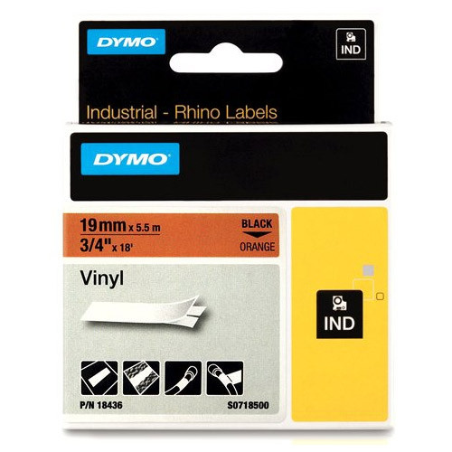 Dymo S0718500 / 18436 IND Rhino tape vinyl zwart op oranje 19 mm (origineel) 18436 S0718500 088616 - 1
