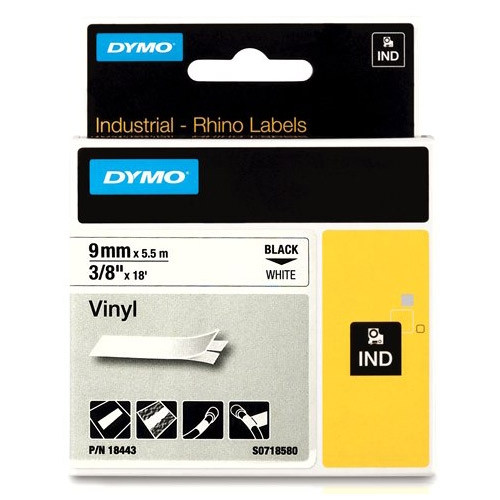 Dymo S0718580 / 18443 IND Rhino tape vinyl zwart op wit 9 mm (origineel) 18443 S0718580 088600 - 1