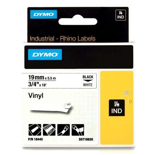 Dymo S0718620 / 18445 IND Rhino tape vinyl zwart op wit 19 mm (origineel) 18445 088604 - 1