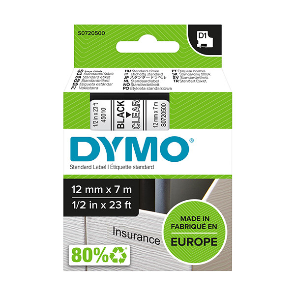 Dymo S0720500 / 45010 tape zwart op transparant 12 mm (origineel) S0720500 088200 - 1