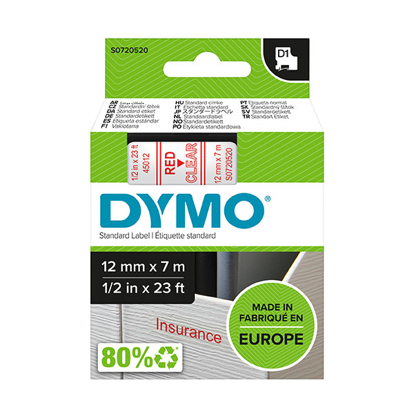 Dymo S0720520 / 45012 tape rood op transparant 12 mm (origineel) S0720520 088204 - 1