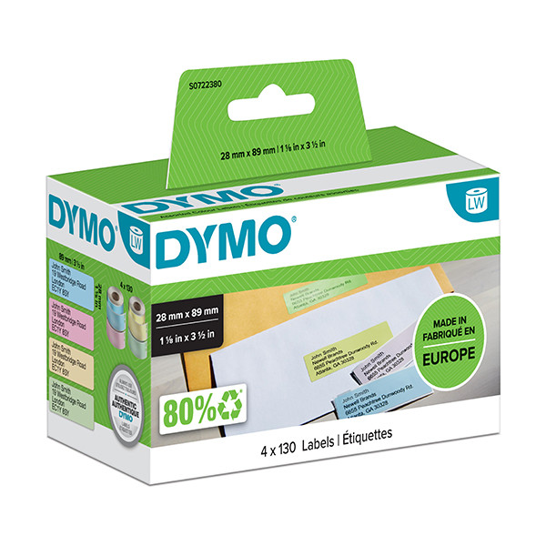 Dymo S0722380 / 99011 adresetiketten pak van 4 stuks: geel, roze, blauw en groen (origineel) S0722380 088502 - 1