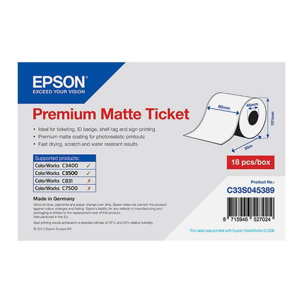 Epson C33S045389 premium matte doorlopende ticket-rol 80 mm x 50 m (origineel) C33S045389 083368 - 1