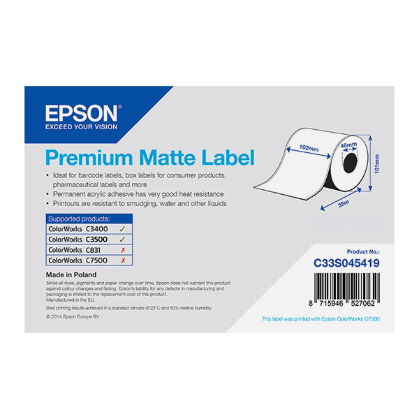Epson C33S045419 premium matte doorlopende labelrol 102 mm x 35 m (origineel) C33S045419 083382 - 1