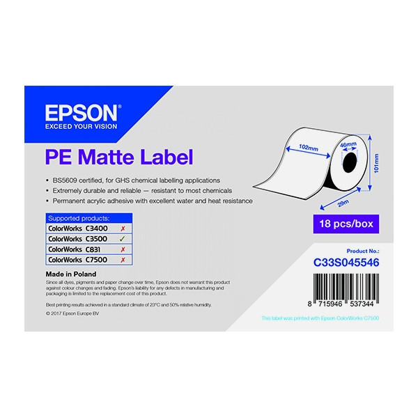 Epson C33S045546 PE matte doorlopende labelrol 102 mm x 29 m (origineel) C33S045546 083400 - 1