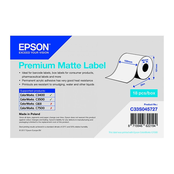 Epson C33S045727 premium matte doorlopende labelrol 105 mm x 35 m (origineel) C33S045727 083388 - 1