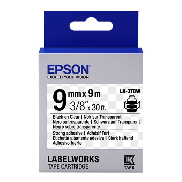 Epson LK-3TBW extra klevende tape zwart op transparant 9 mm (origineel) C53S653006 083176 - 1
