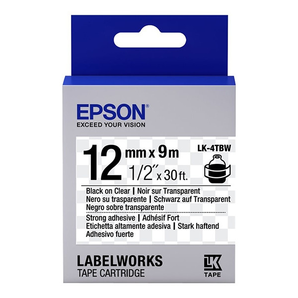 Epson LK-4TBW extra klevende tape zwart op transparant 12 mm (origineel) C53S654015 083194 - 1