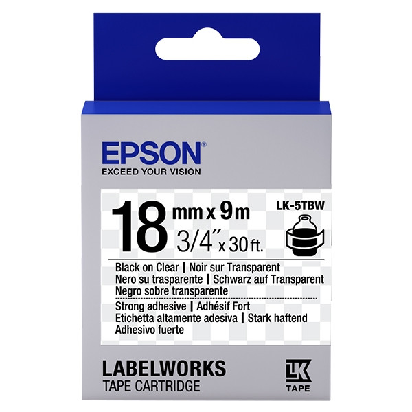 Epson LK-5TBW extra klevende tape zwart op transparant 18 mm (origineel) C53S655011 083244 - 1