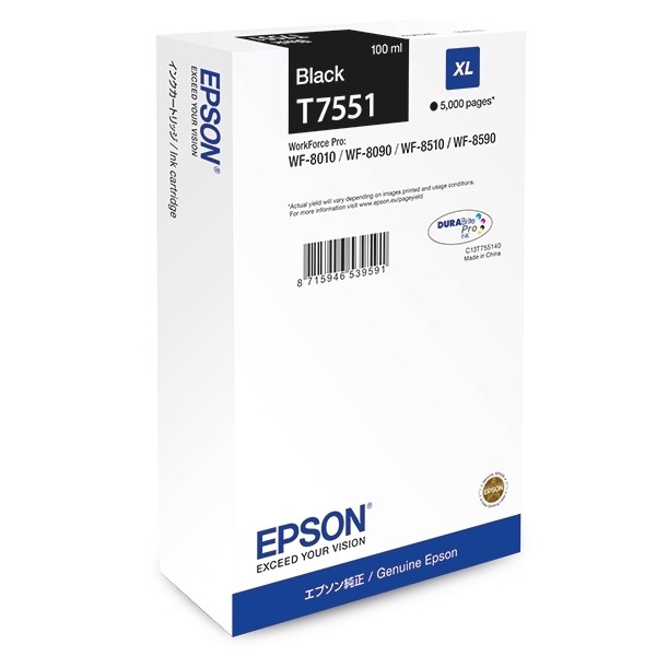 Epson T7551 inktcartridge zwart hoge capaciteit (origineel) C13T755140 026680 - 1