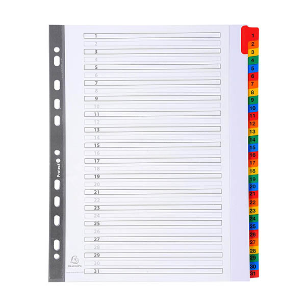 Exacompta witte kartonnen tabbladen A4+ met 31 gekleurde tabs (11-gaats) 404668 - 1