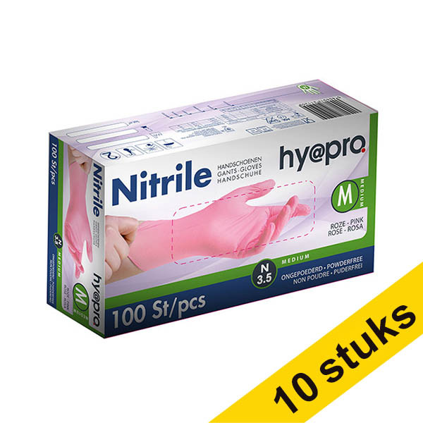 HY@PRO Aanbieding: 10x HY@PRO Nitril handschoenen M poedervrij roze (3,8 gram, 24 cm, 100 stuks)  SHY00089 - 1