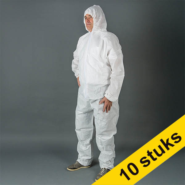 Aanbieding: 10x HY@PRO Non-woven PE coated antistatische coverall met capuchon XXL wit (1 stuk) SHY00808 - 1