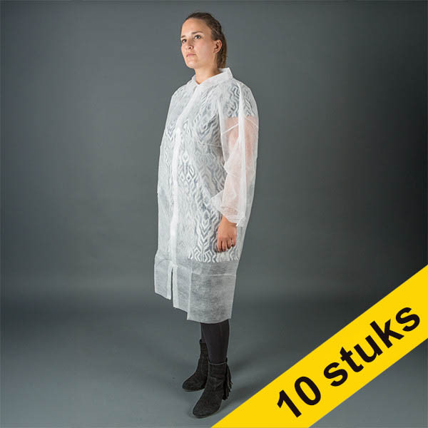 Aanbieding: 10x HY@PRO Non-woven jas met drukknopen L wit (1 stuk – 20 g/m²) SHY00686 Aanbieding: 10x HY@PRO Non-woven jas met drukknopen L wit (1 stuk – 20 g/m²) SHY00686 - 1